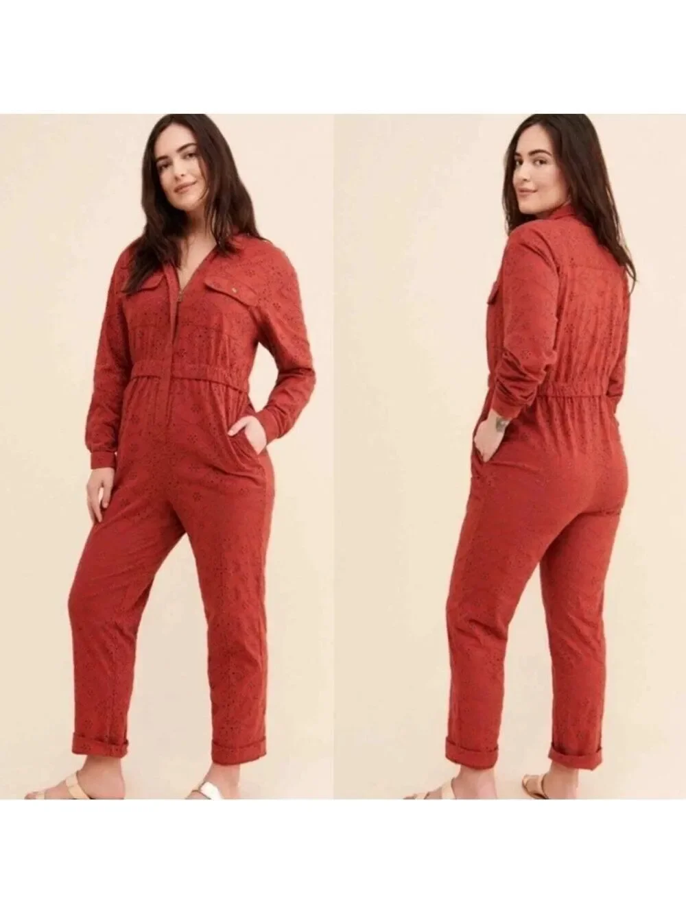 Free People Set The Tone Cotton-Eyelet Jumpsuit,  Size 0